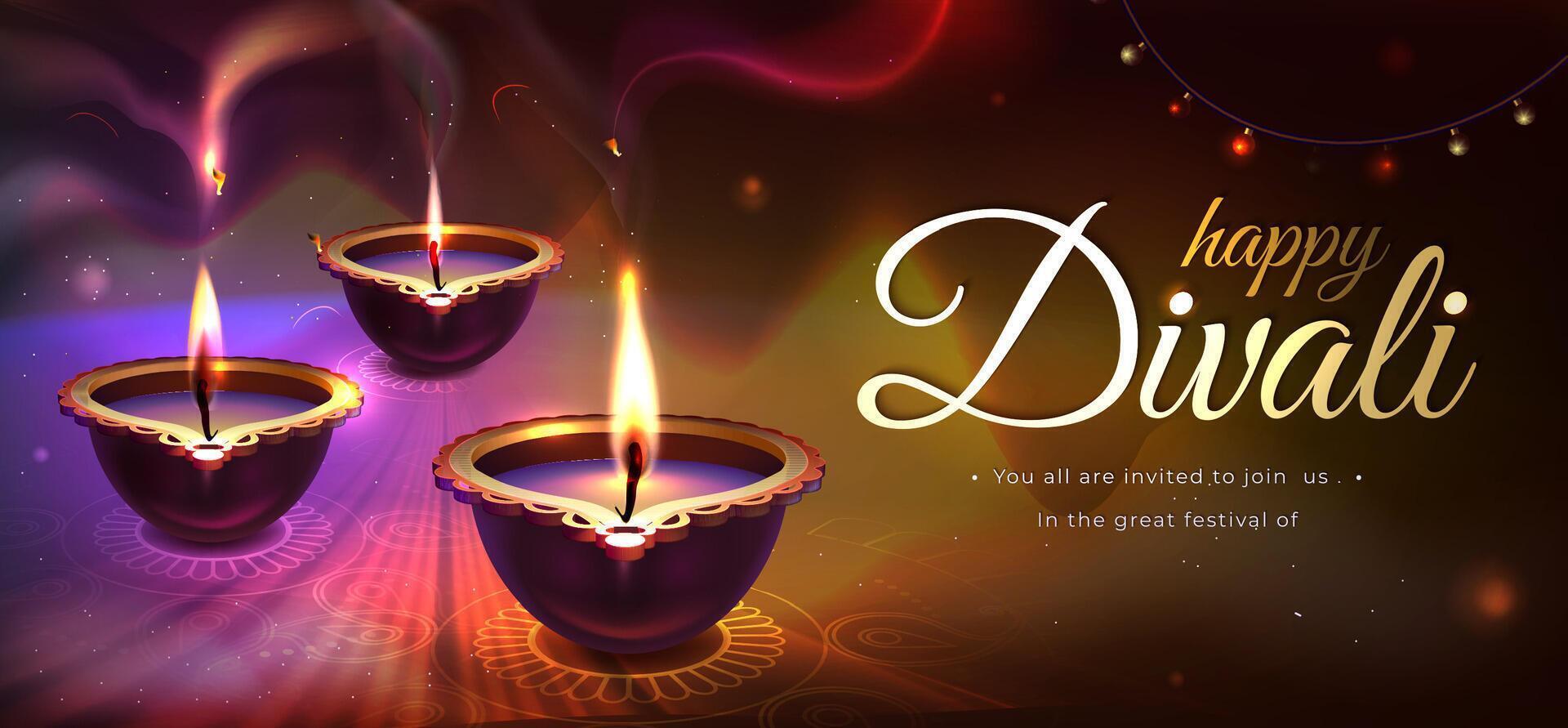 Diwali holiday poster with realistic glowing diya candles. Traditional hindu festival with floral mandala on blurred dark background. Happy indian religious celebration with oil lamps, rangoli design. vector