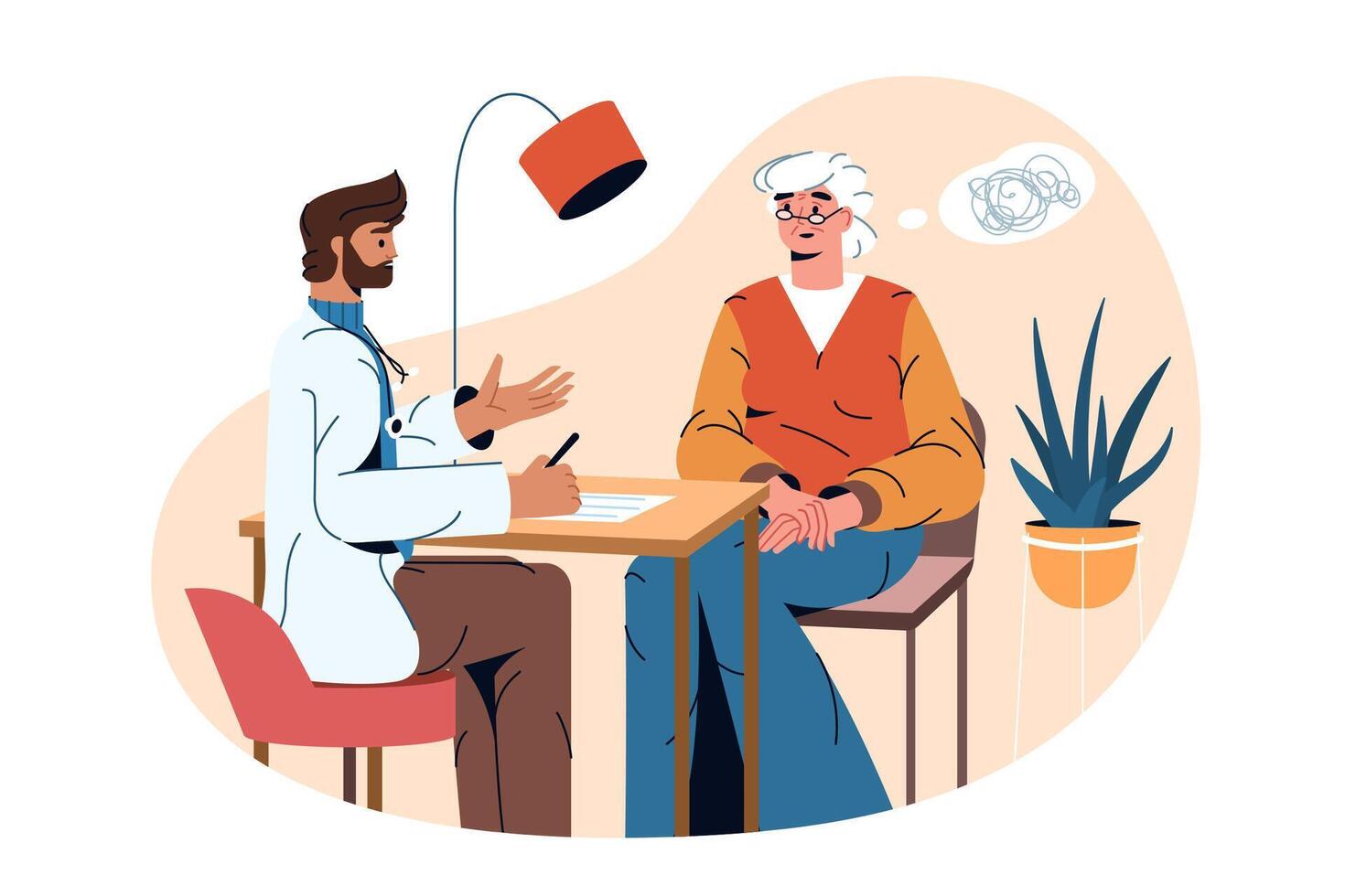 Flat psychiatrist doctor and old patient with alzheimer disease, confusion in head. Psychiatric physician help elderly woman. Treatment of dementia, mental health problems or loss of short-term memory vector