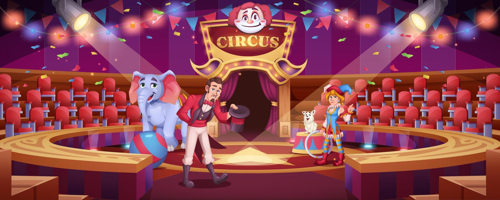 circo espectáculo con animal manipulador. entrenado animales ejecutando en escena. bufón niña y domador hombre en redondo arena con grande elefante con pelota y gracioso perro . etapa actuación dibujos animados ilustración vector