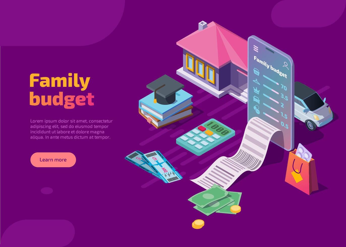 Family budget isometric landing page. Mobile, car, cash, house, pills, invoice and education 3d web banner. Mobile phone application for money expenses and income analytic, financial planning. vector