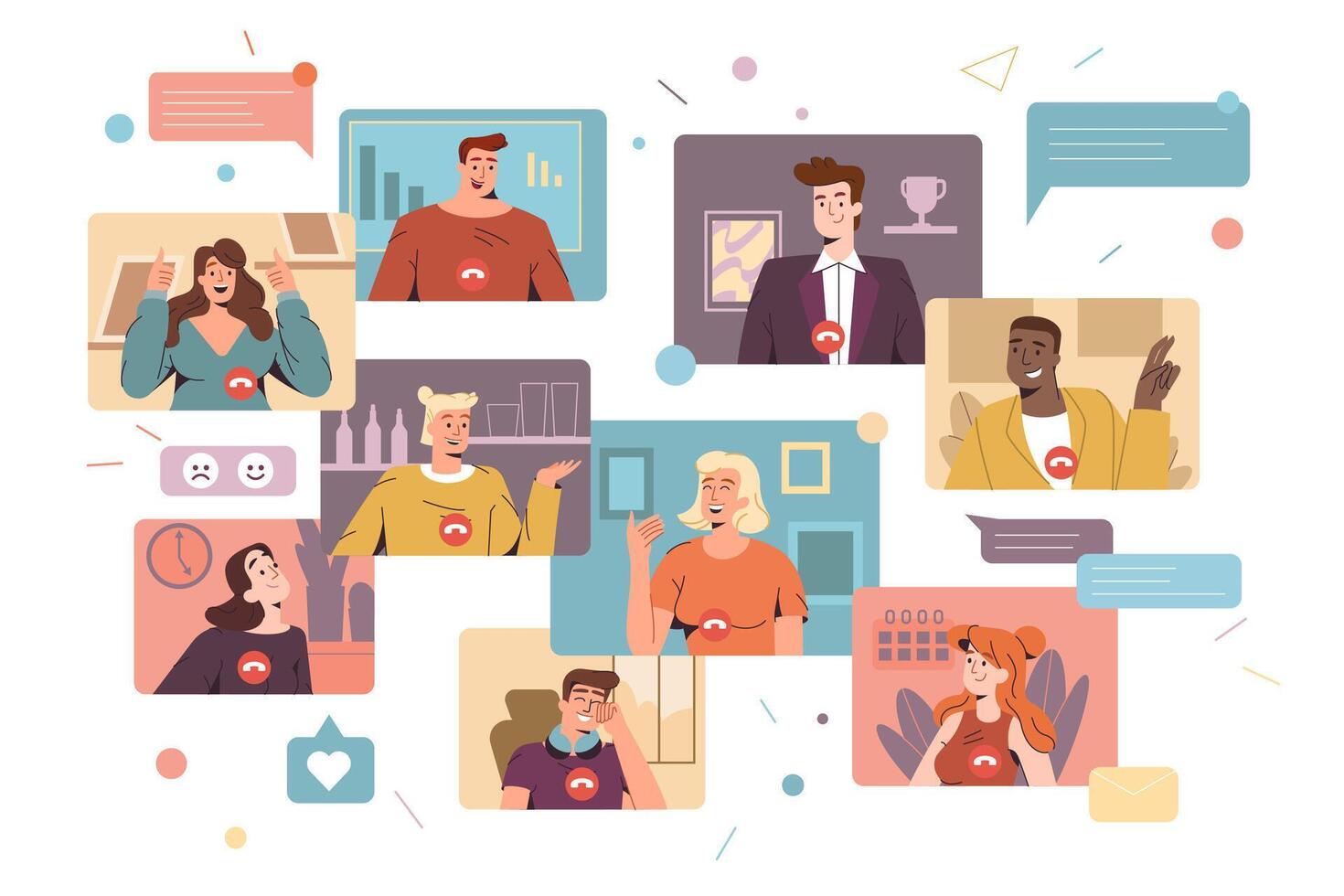 Flat smiling men and women work remotely and have corporate virtual discussion. Diverse employees participating in distance conference call. Friends meeting up online. Web communication concept. vector