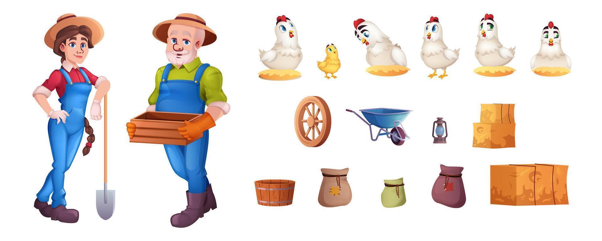 Cartoon objects set of garden tools, haystacks, hens and sacks isolated on white background. Farmers in hats with wooden box in hand and shovel. Chickens in straw nest. Agricultural production concept vector