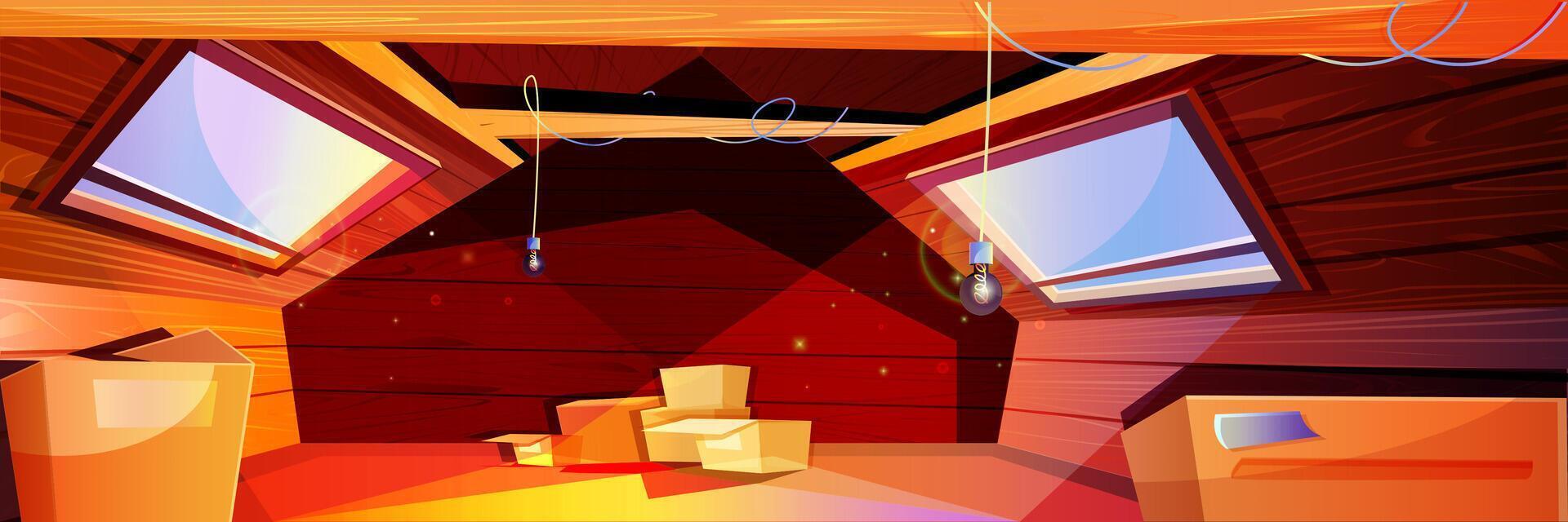 cartoon interior of attic. Empty old mansard with carton boxes and windows. House space with wooden walls, roof with beams and light bulbs. Garret room with sunlight from window. vector