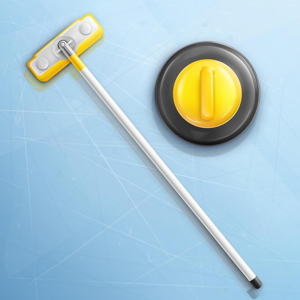 Broom and stone for curling sport game illustration isolated on ice texture background. Realistic granite rock with yellow handle, brush with long stick, top view. Equipment for winter activity vector