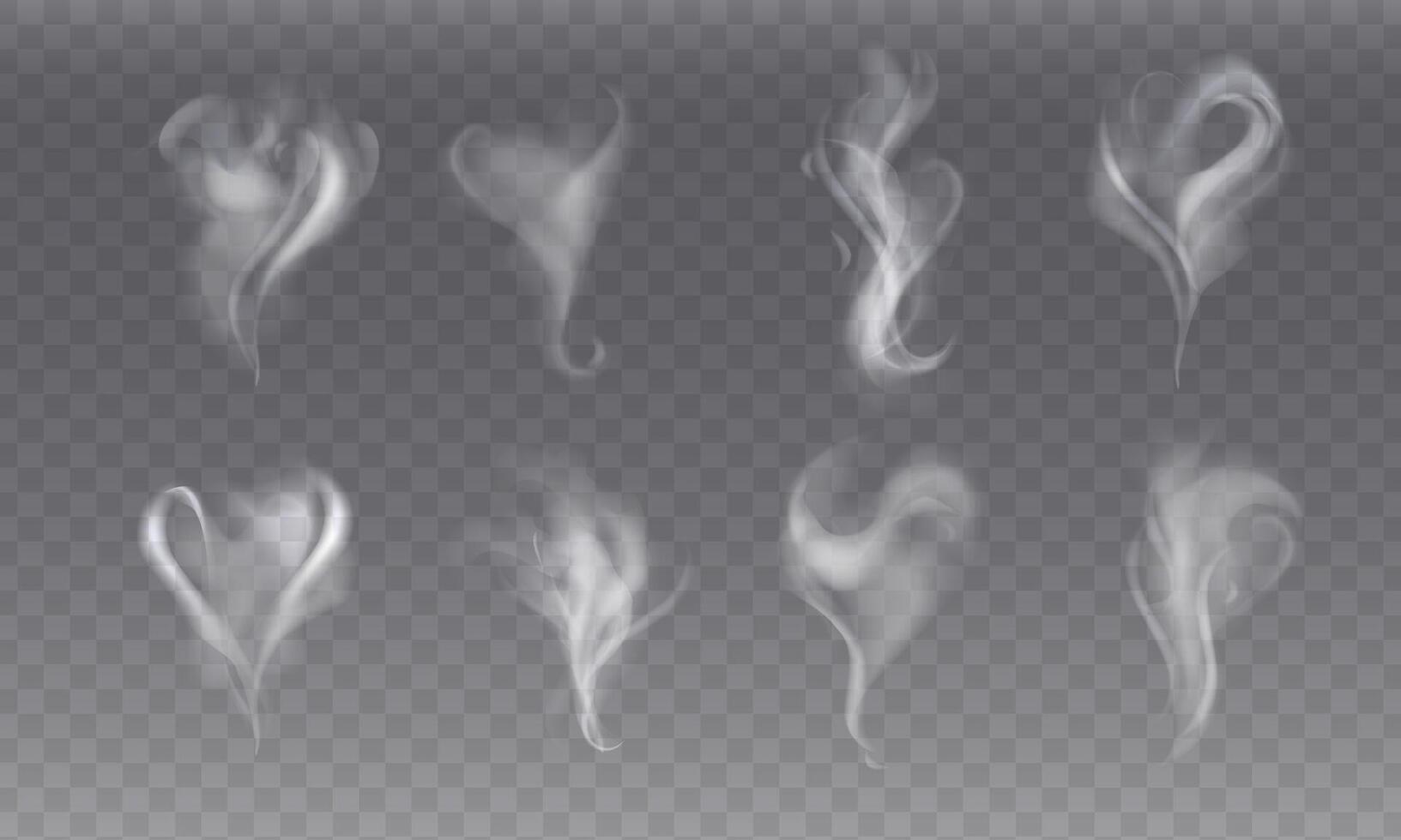 Realisitc set with steam smoke different shapes on gray background. Abstract fume waves or white vapor from coffee or tea, hot food or drink, cigarette. Transparent elements for menu. Fog effect. vector