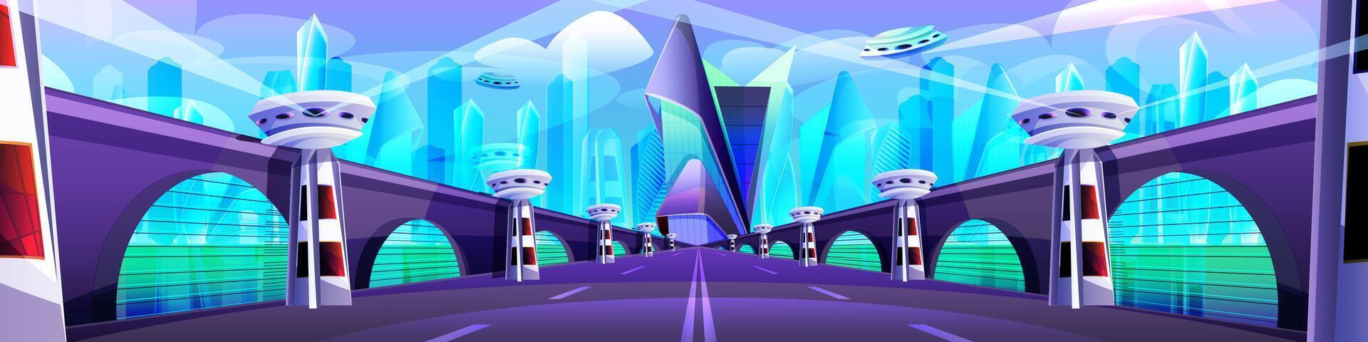 futurista paisaje urbano con vaso edificios, raro puente y la carretera. moderno arquitectura torres y rascacielos futuro ciudad con carretera, volador pueblo partes. dibujos animados extraterrestre urbano paisaje diseño vector