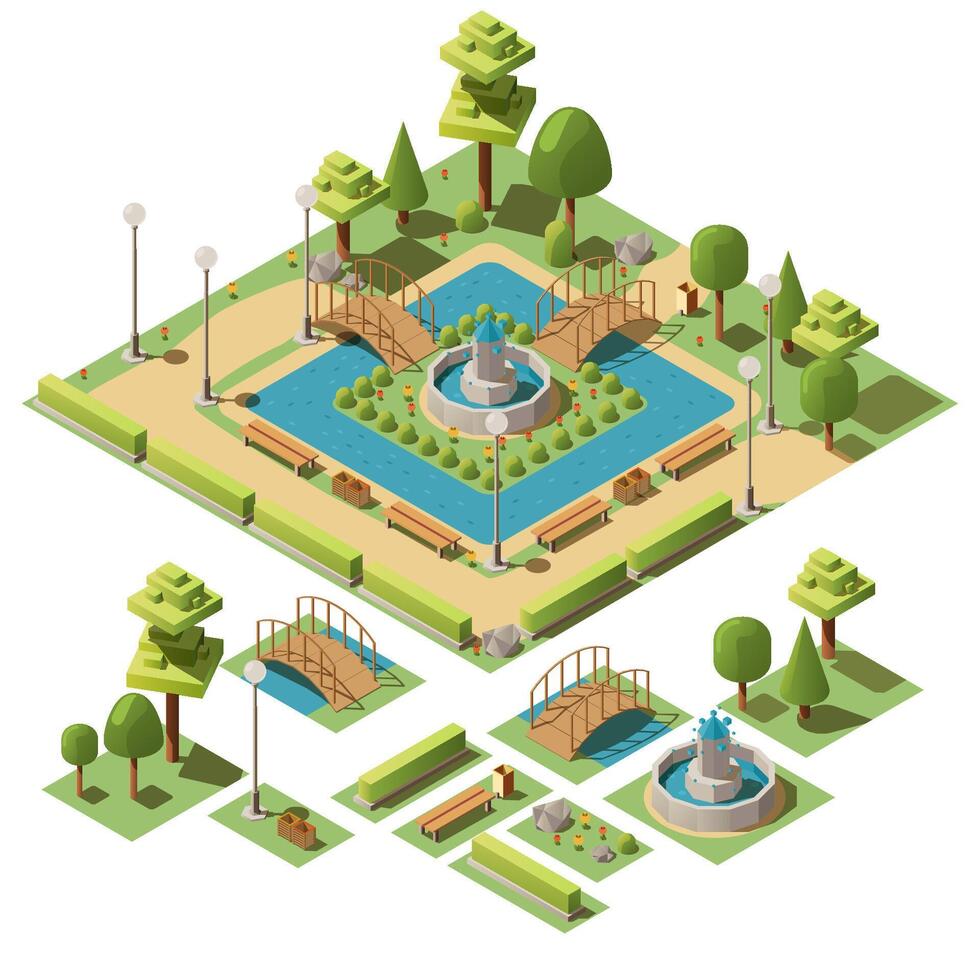 Isometric city public park for recreation with fountain, bridge, benches, trees, bushes, pond. Design elements for garden landscape. Urban green garden for walks, rest, relax. 3d illustration. vector