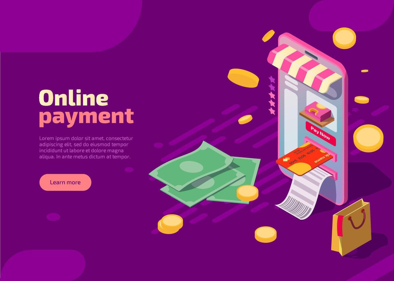 Online payment isometric landing page. Smartphone with paper bills, credit card, package and cash on purple background. Mobile application for money transfer, financial transaction, internet payments. vector