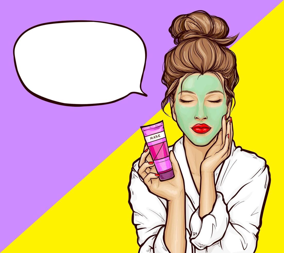 Pop art young woman with closed eyes in white bathrobe with green cosmetic mask on face and tube in hand, illustration on bright background. Girl relaxes, enjoys the spa, empty speech bubble. vector