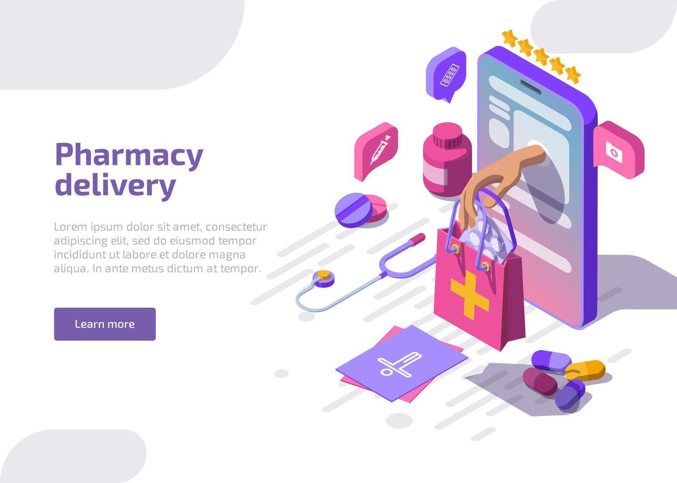 Pharmacy delivery banner. Online drugstore service. landing page with isometric smartphone and hand give bag with medicine drugs, pills, medicaments and medical supplies on white background vector