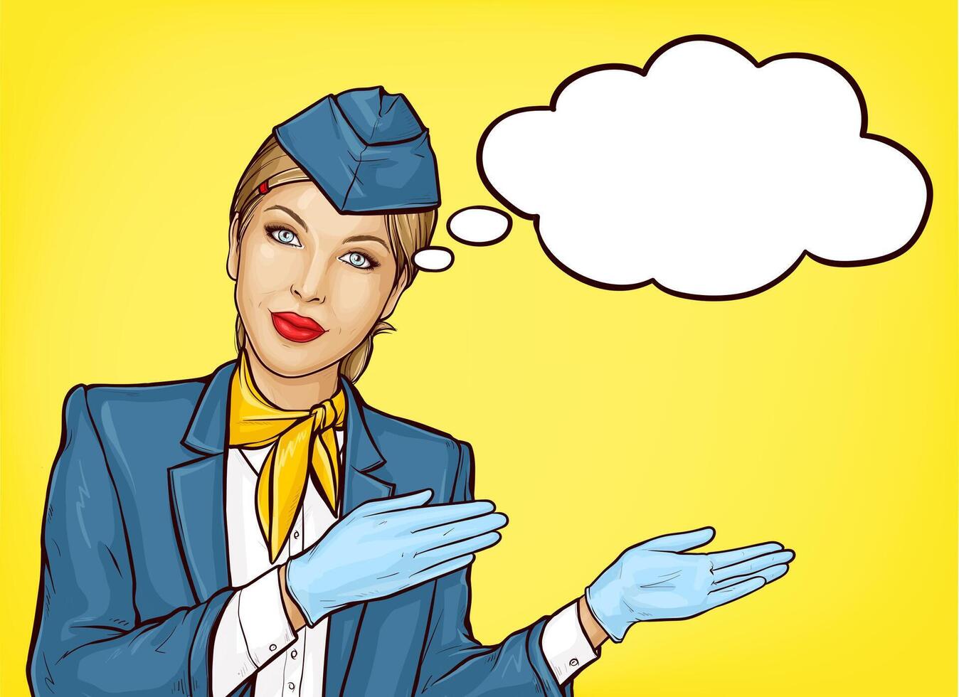 Pop art stewardess, flight attendant, air hostess girl in blue uniform with cap, handkerchief on neck, gloves and speak cloud on yellow background illustration. Airline advertising campaign. vector