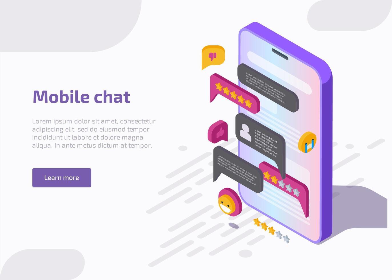 móvil charla solicitud interfaz en teléfono inteligente pantalla con mensaje, emojis, habla burbujas en diálogo. diseño de Mensajero aplicación aterrizaje página con isométrica ilustración de en línea conversación. vector
