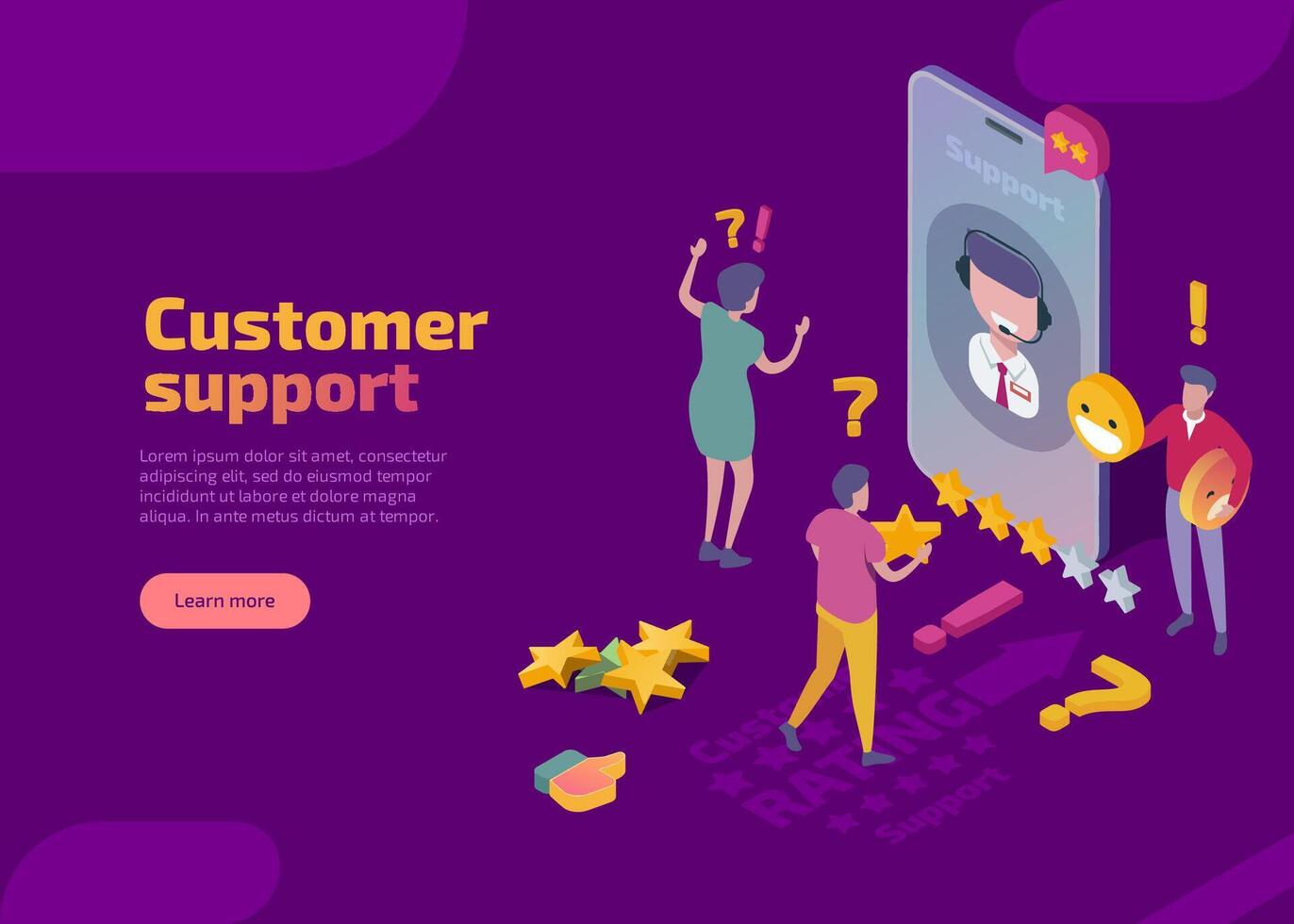 Customer support isometric landing page. Online consultation service, virtual call center. Operator in headset via mobile app consulting, answers to frequently asked questions. Clients receive answers vector