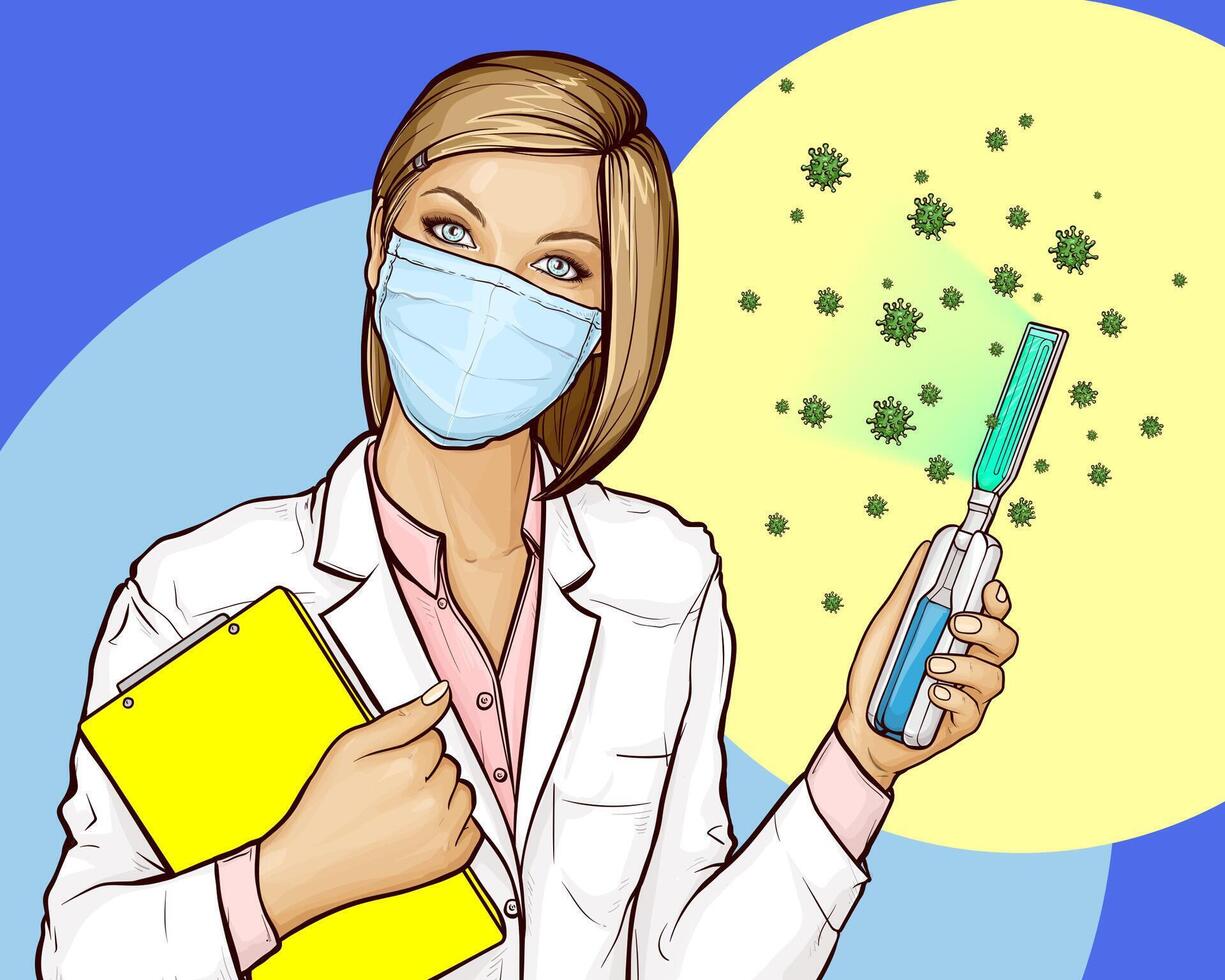 Pop art illustration of doctor in gown, protective medical mask with a portable UVC bactericidal lamp and yellow book. Disinfection and protection against viruses, germs, bacteria concept vector