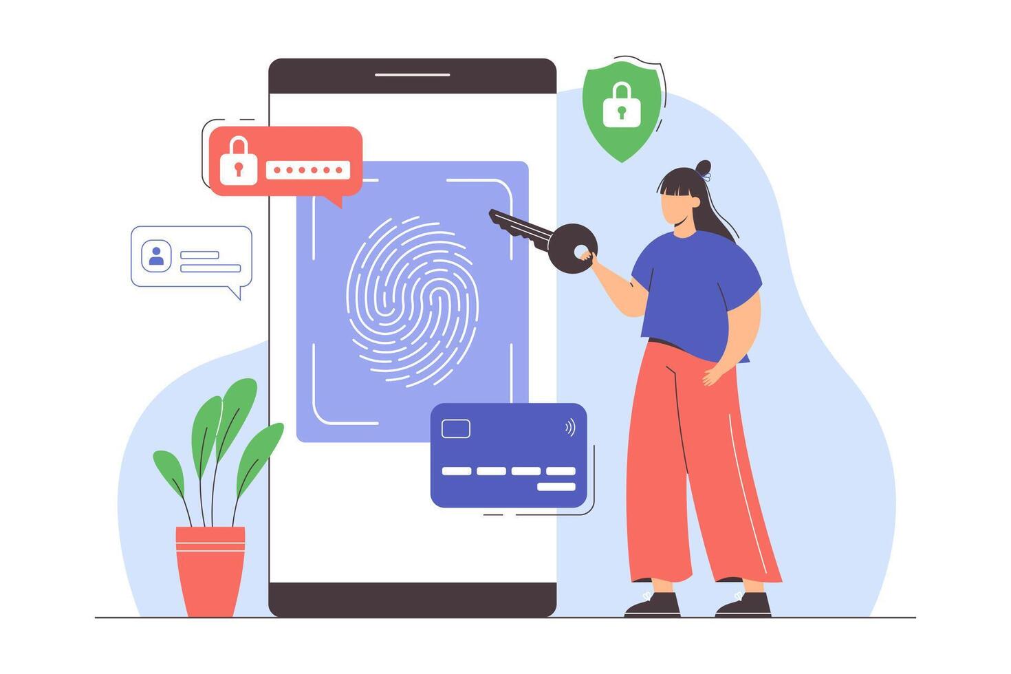 Data protection with biometric identification. Fingerprint security system on smartphone for secure authentication and transactions. Flat woman provide key to access data. ID scanning technology. vector