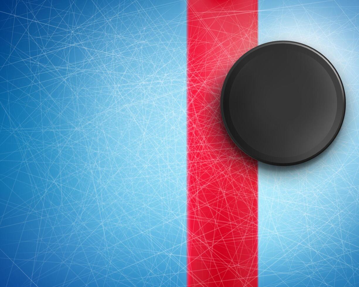 3d realistic black rubber puck on the blue ice with traces from skates. Hockey background, mockup for advertising poster, banner. Template for sport event, bets site, competition. vector