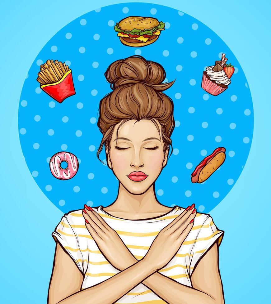 Woman refusing from fast food, sweets illustration. Girl showing stop hand sign for unhealthy,fat, high-calorie meals. Harmful food refuse, sticking to healthy lifestyle, diet pop art concept. vector