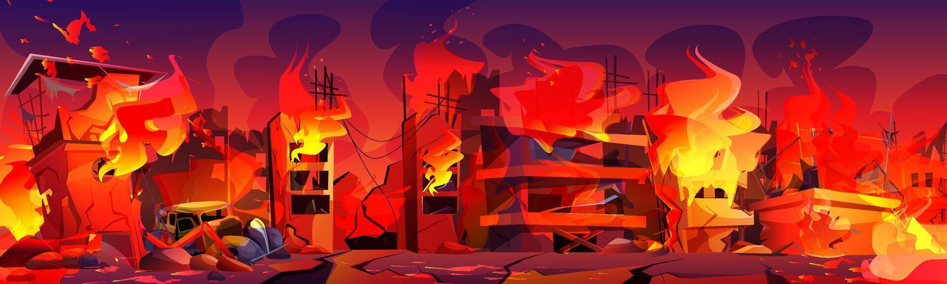 ciudad en fuego, ardiente edificios y coche con fumar y fuego. guerra destrucción, natural desastre o catástrofe. pueblo restos, urbano apocalipsis dibujos animados ilustración. paisaje urbano con quemar casas vector