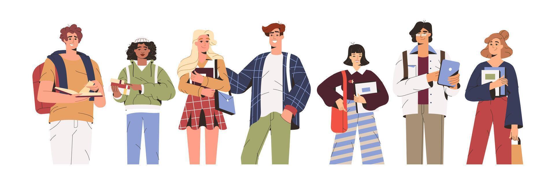 grupo de contento estudiantes, joven personas sostener artilugio y estudiar libros. colegio o Universidad amigos de diferente nacionalidades juntos. plano sonriente multicultural adolescentes en casual ropa con bolsas. vector