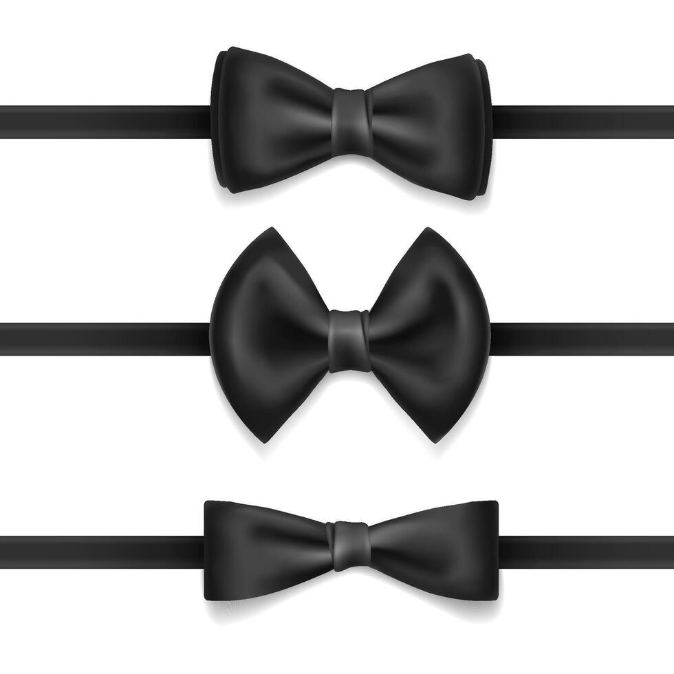 set of black bow tie for men, isolated on white background. Realistic illustration. Knot silk bow. Bowtie for an elegant evening suit, tuxedo. Classic satin butterfly, fashion cloth. vector