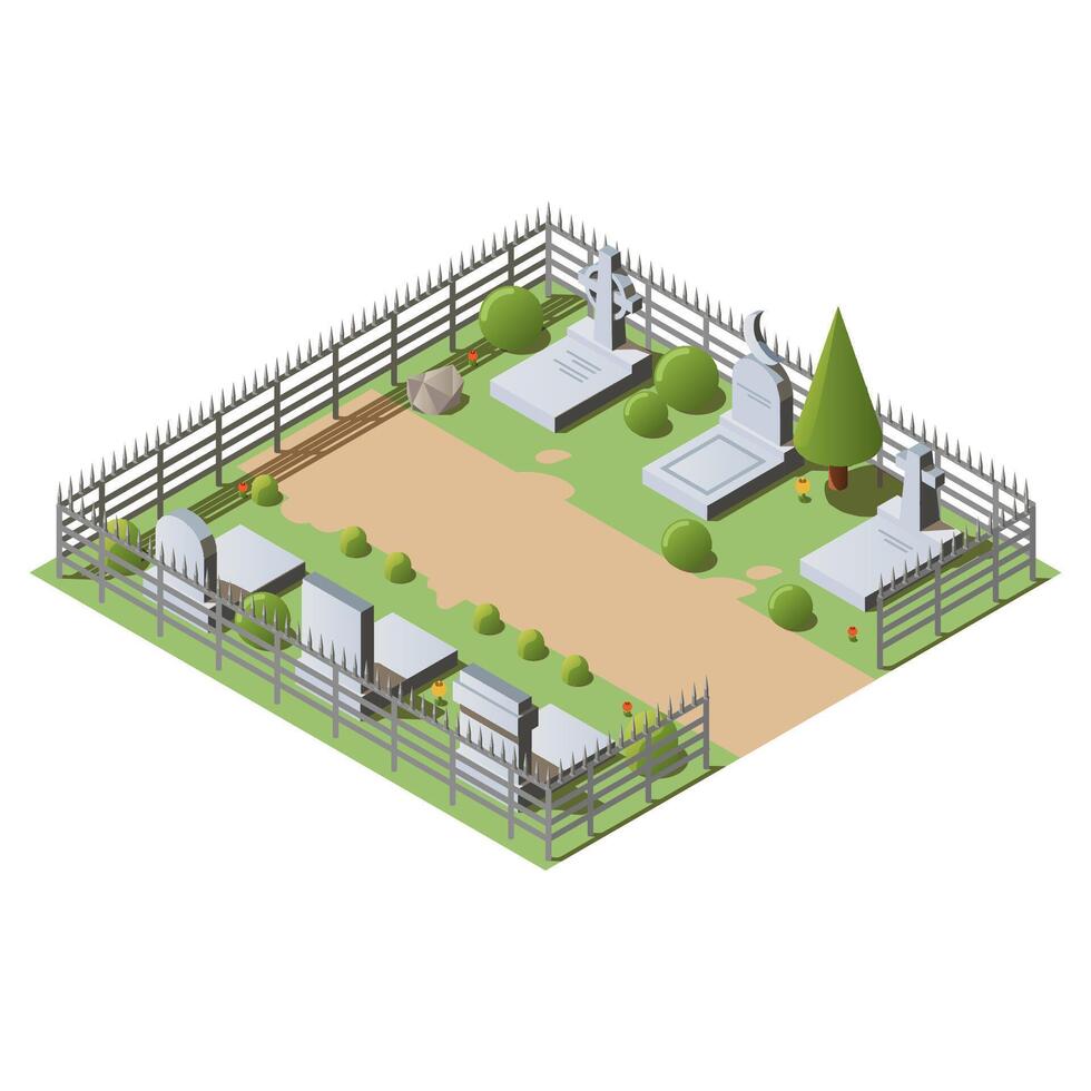 isométrica cementerio concepto con granito tumbas, cruces y lápidas 3d ilustración de cementerio y tumba, aislado en blanco antecedentes. al aire libre entierro sitio de el muerto. vector