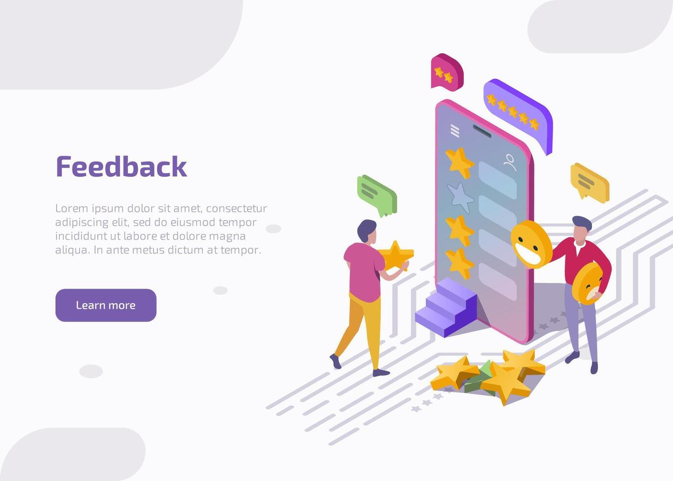 Feedback isometric landing page, web banner. Clients stand at smartphone screen leaving review and put stars in mobile app. Customers evaluate product or service technology. 3d illustration. vector