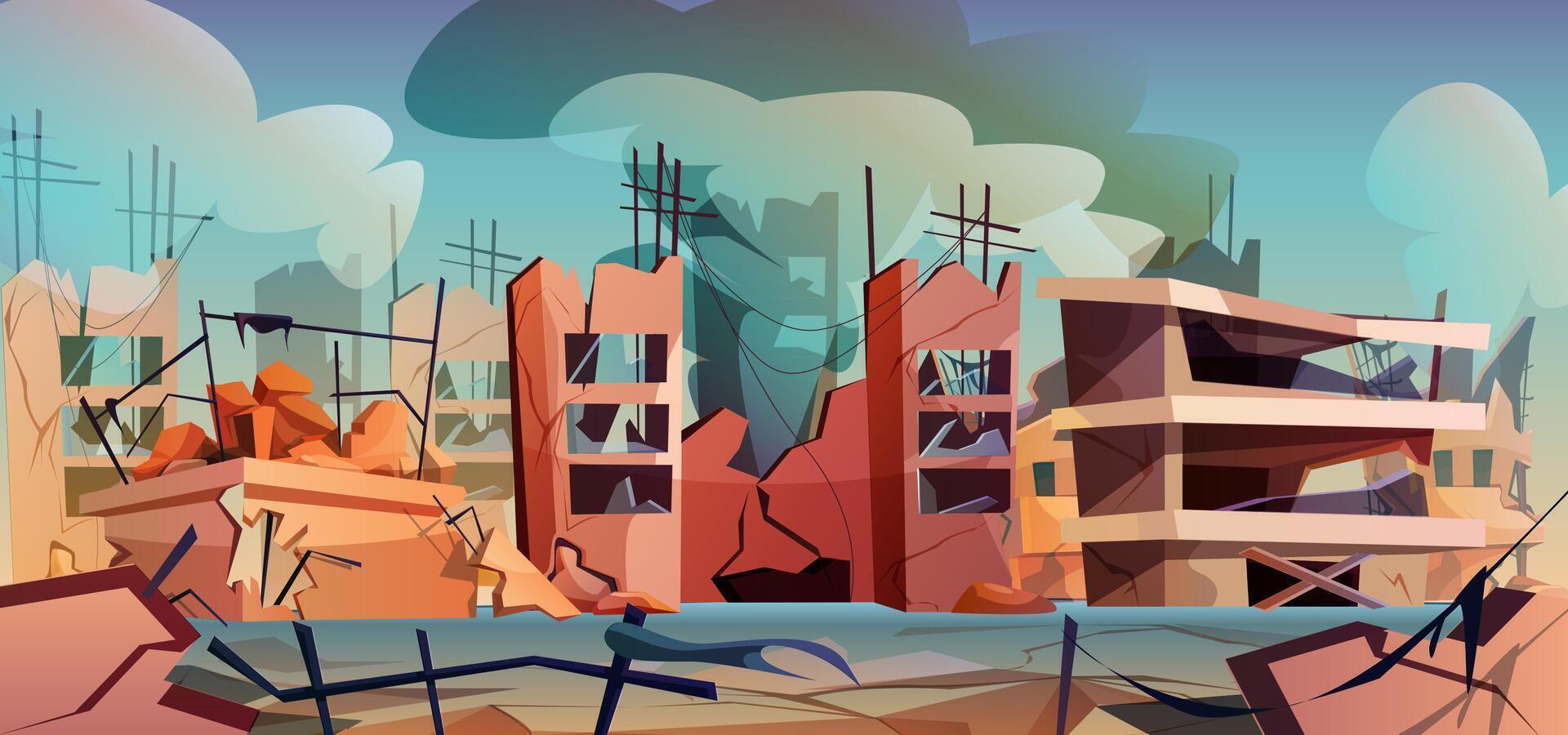 Destroyed city buildings after destruction or earthquake. Abandoned houses in war zone with smoke and cracked street. Ruins with broken road after cataclysm. Disaster landscape with cracks and damages vector