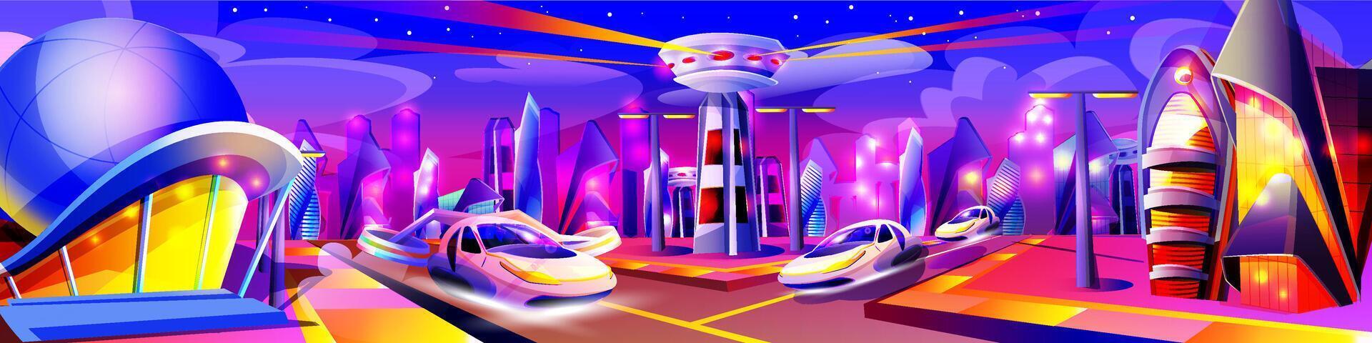 Future night city with neon glowing lights. Futuristic cityscape in violet colors. Modern buildings and flying cars unusual shapes. Alien urban architecture skyscrapers cartoon illustration. vector