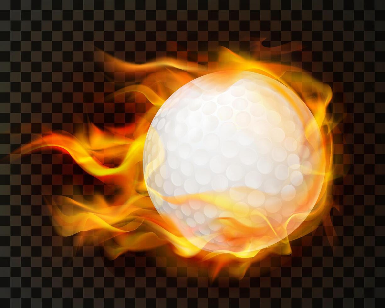 sobrecalentado ardiente golf pelota en fuego volador mediante el aire, aislado 3d realista ilustración. deporte club logo, equipo Tienda anuncio, golf torneo promoción diseño elemento vector