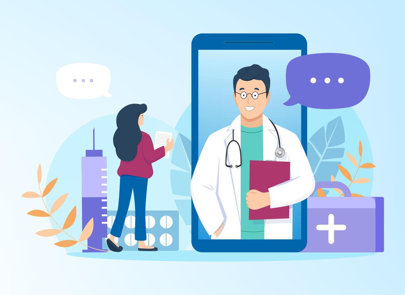 médico consulta paciente en línea mediante móvil solicitud a teléfono inteligente plano ilustración en azul antecedentes. farmacia apoyo , telemedicina y médico cuidado de la salud servicios concepto. vector