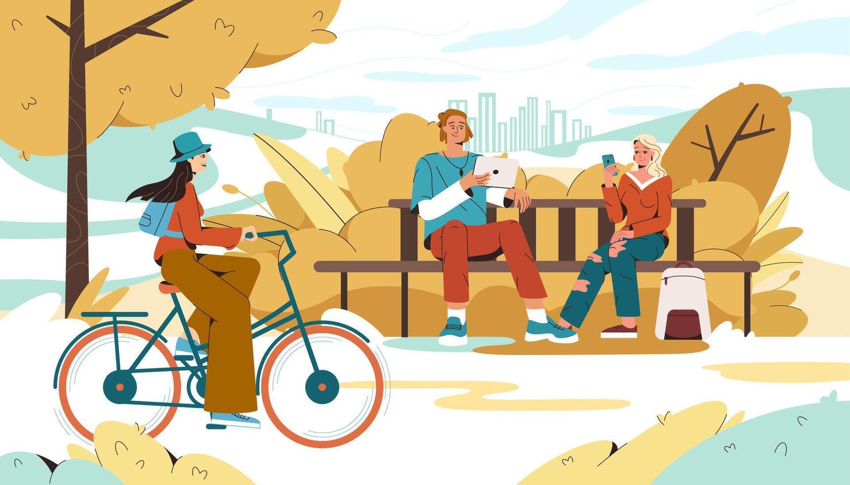 otoño ciudad parque con gente. paisaje con plano caracteres utilizando móvil teléfono, tableta y contento mujer montando un bicicleta. niña ciclismo, estudiantes sentado en banco con artilugio. urbano recreación concepto vector