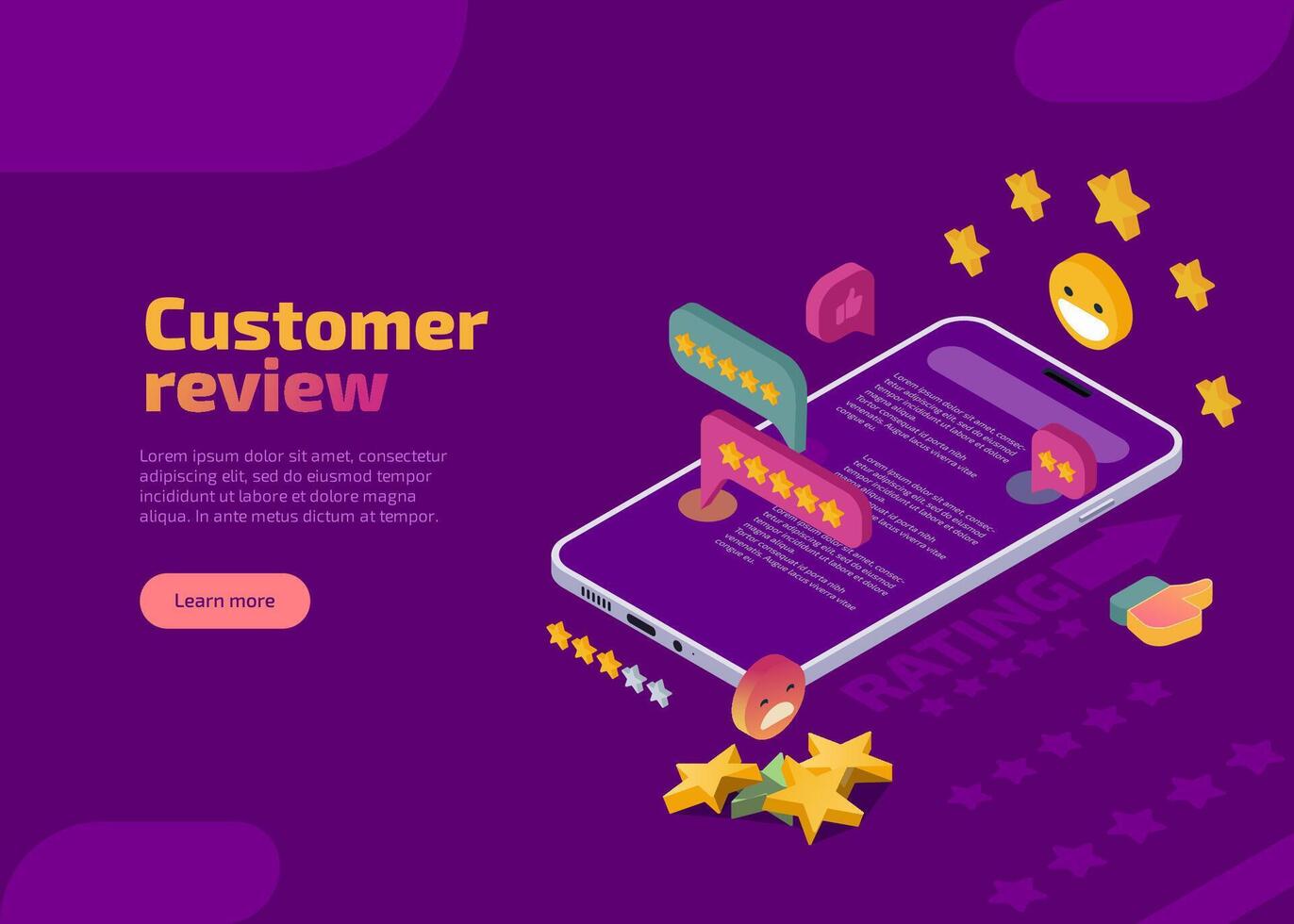 Customer review isometric landing page. Usability evaluation, feedback, reputation, satisfaction client and star rating system concept. Social media digital marketing evaluation web banner, website. vector