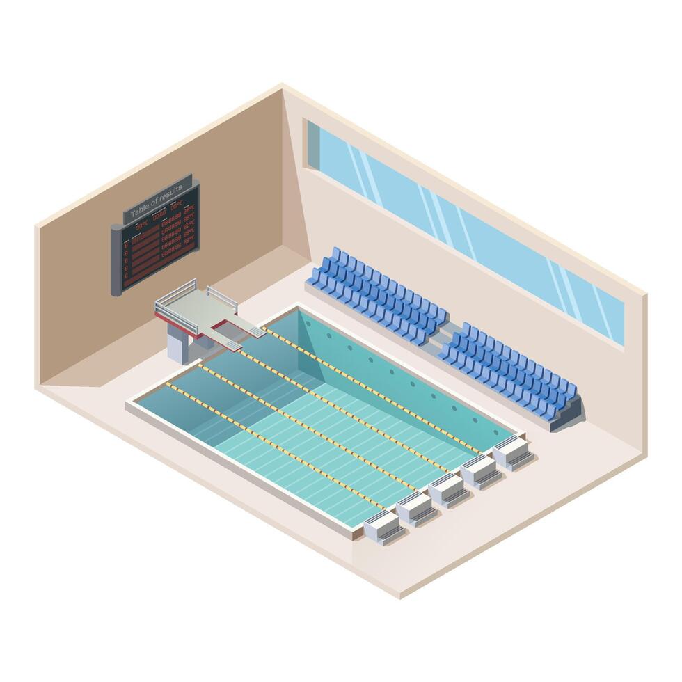 ocio centrar con nadando piscina, buceo plataformas y tribuna para aficionados. isométrica profundo bañera con carriles, electrónico junta, saltar tablero y embaldosado paredes 3d ilustración. vector