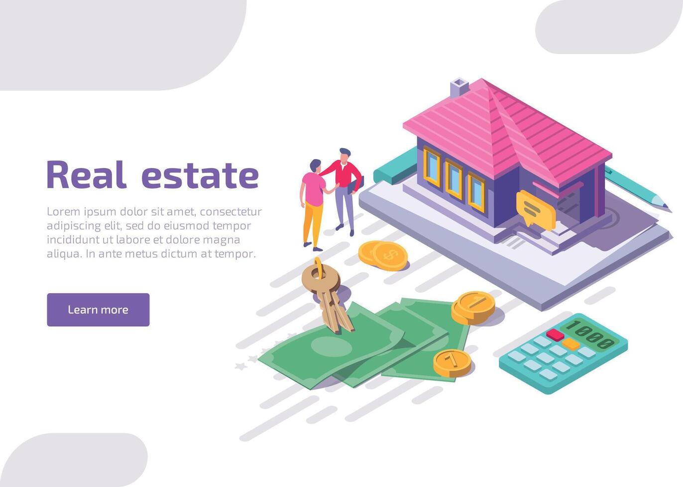 Real estate isometric landing page. Web banner design of cottage with key, calculator, scattered coins and money bills. Character man makes a deal with an agent. House loan, rent and mortgage concept. vector