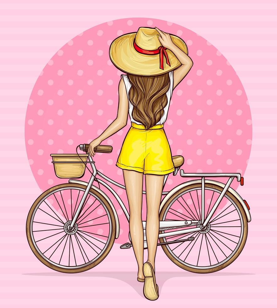 Pop art girl with yellow shorts and straw hat standing backwards with bicycle, illustration on pink background. Young woman near bike with basket, back view. vector