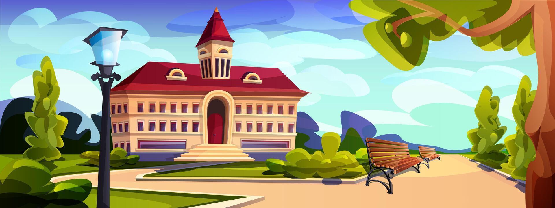 Cartoon building exterior of university, college or high school. Educational institution with empty yard with trees, lawn and benches. Summer landscape with schoolhouse, government house or campus. vector