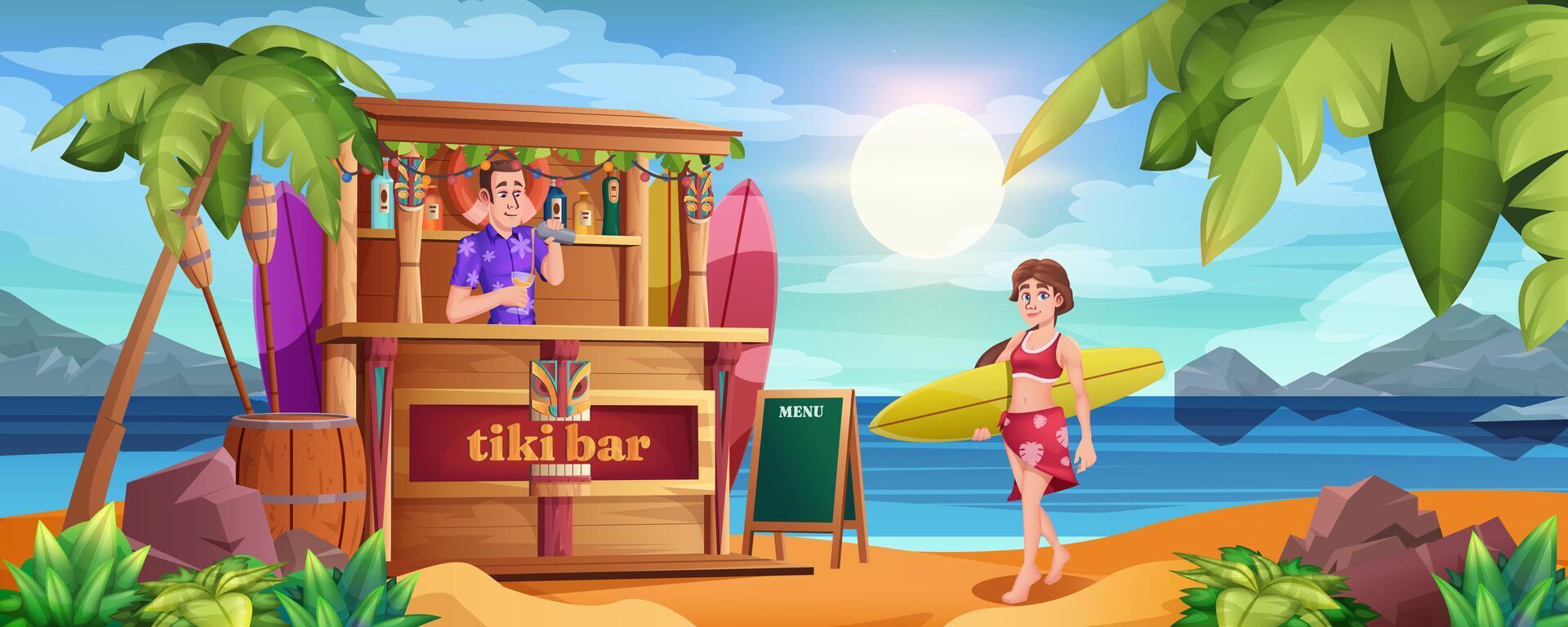 Cartoon summer beach with tiki bar and barman. Smiling girl in summer dress with surfboard at ocean sandy coastline with palm trees. Bartender with cocktails and wooden hut on sea. vector