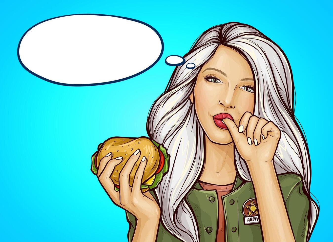 pop art girl in green military-colored jacket with burger licking her finger, isolated on blue background. Pretty young woman holding in hand tasty huge hamburger. Fast food advertising concept vector