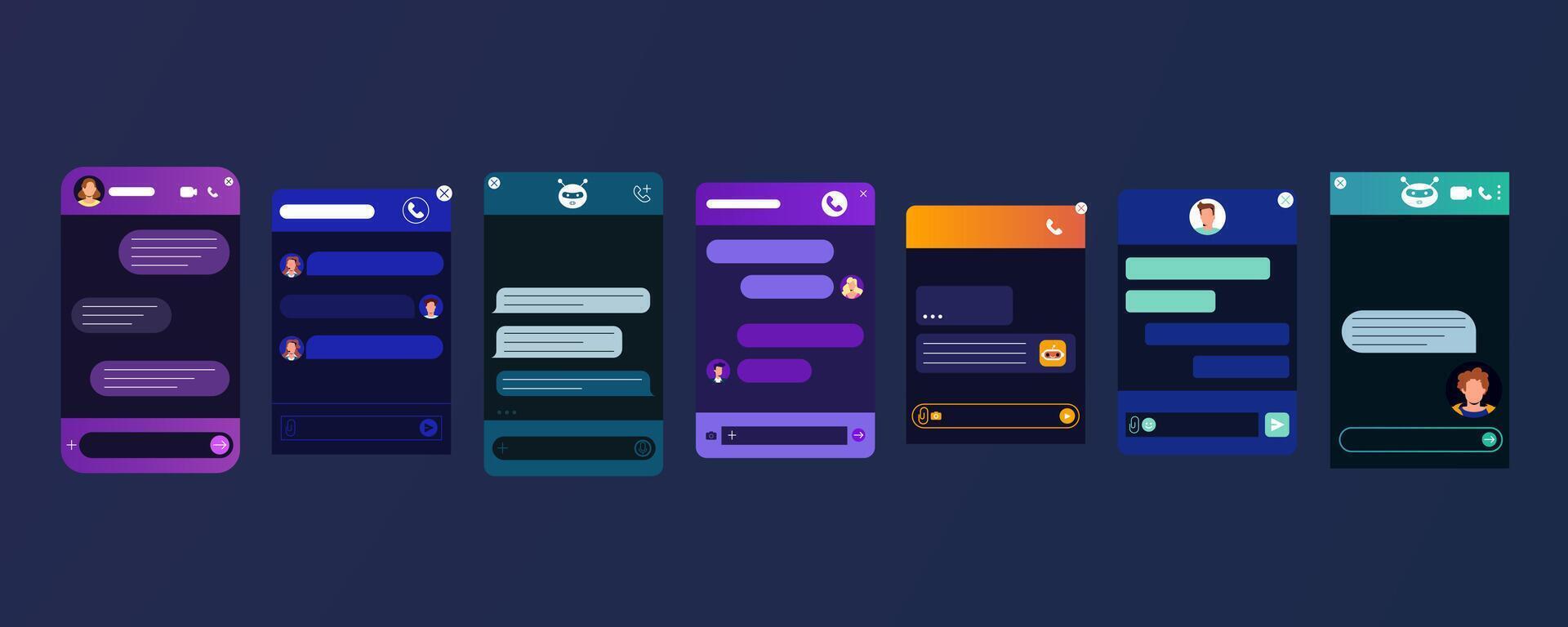 Chat bot window. User interface of application with online dialogue. Flat design for website or mobile app. Dark night mode. Chatbot or robot assistant for online customer service support. vector