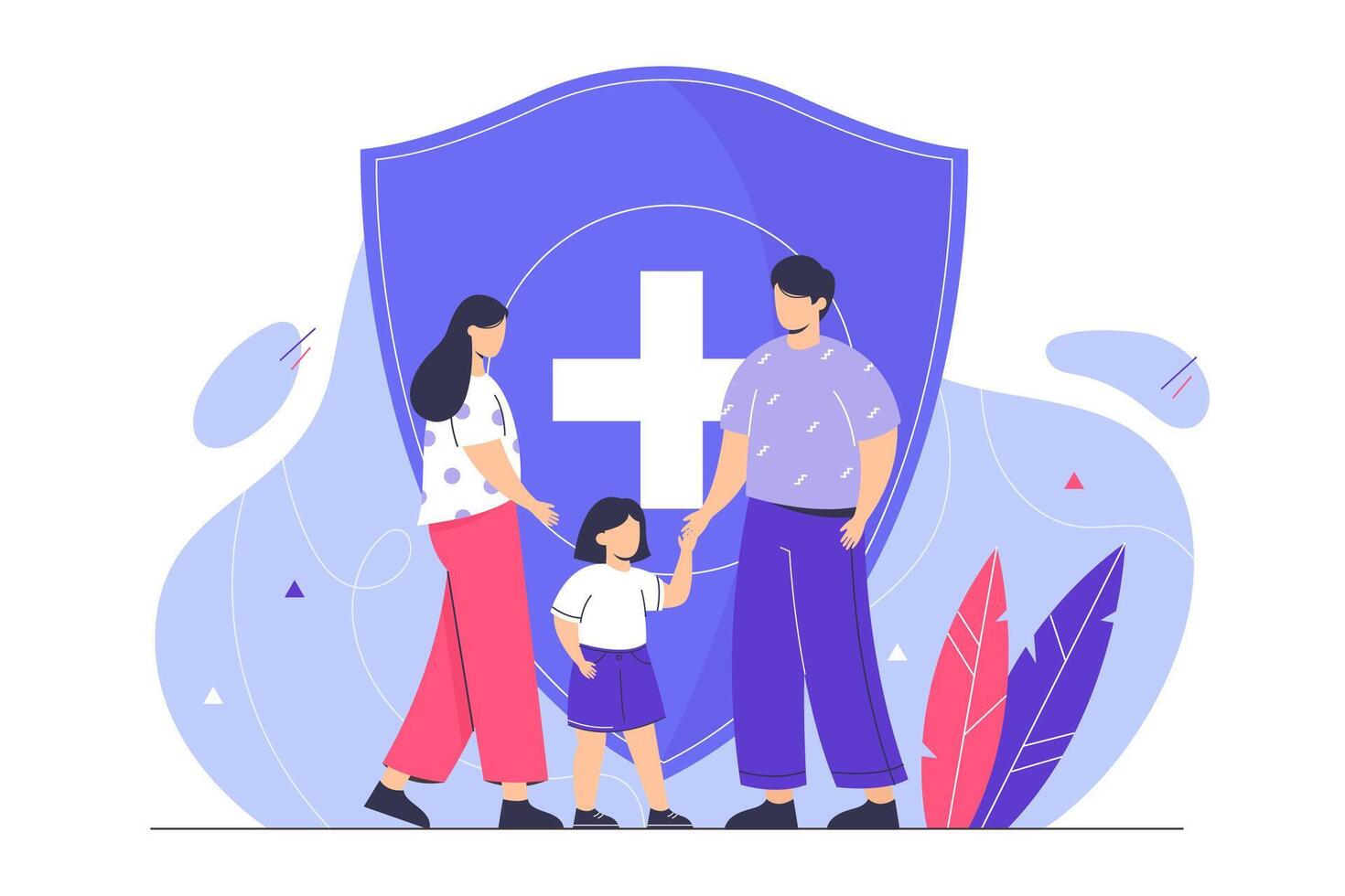 Family life insurance. Young couple with kid protecting health with shield. Flat characters protected from accident. Healthcare or life protection concept. Medical support illustration. vector
