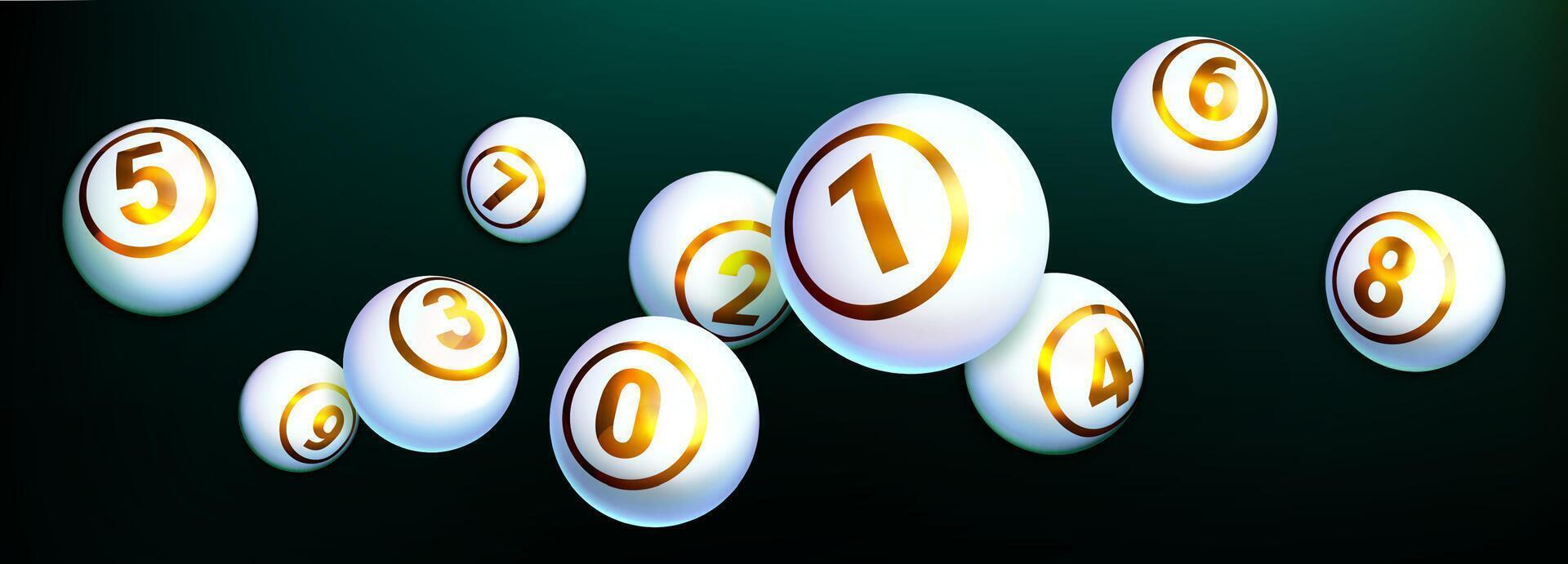 Realistic bingo lotto game ball of winning combination. Lottery or keno gambling games. White shiny balls with golden text of numbers isolated on dark background. Gaming leisure activity concept. vector