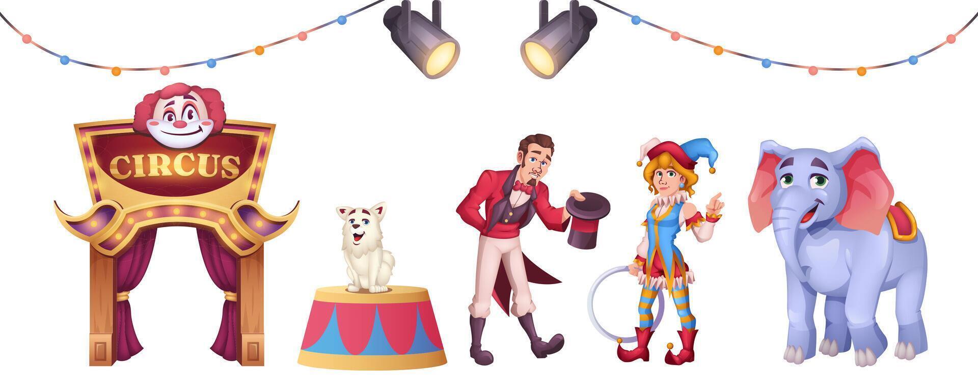 Cartoon set of circus elements with clown, magician man, animals and entrance to cirque isolated on white background. Round stage and searchlights for entertainment performance or carnival show. vector