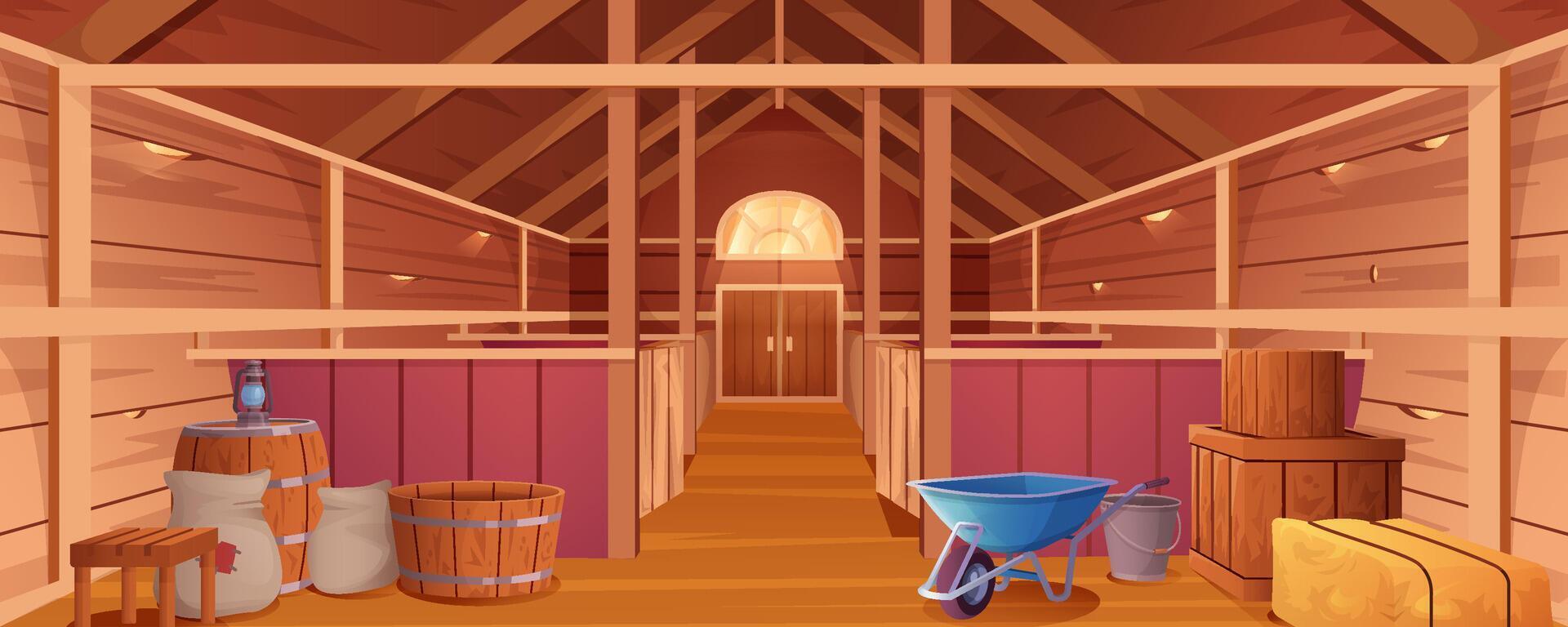 caballo estable interior o granero para animales granja casa dentro vista. vacío de madera rancho con establos, pajares, sacos, portón y ventana debajo techo. campo edificio dibujos animados ilustración. vector