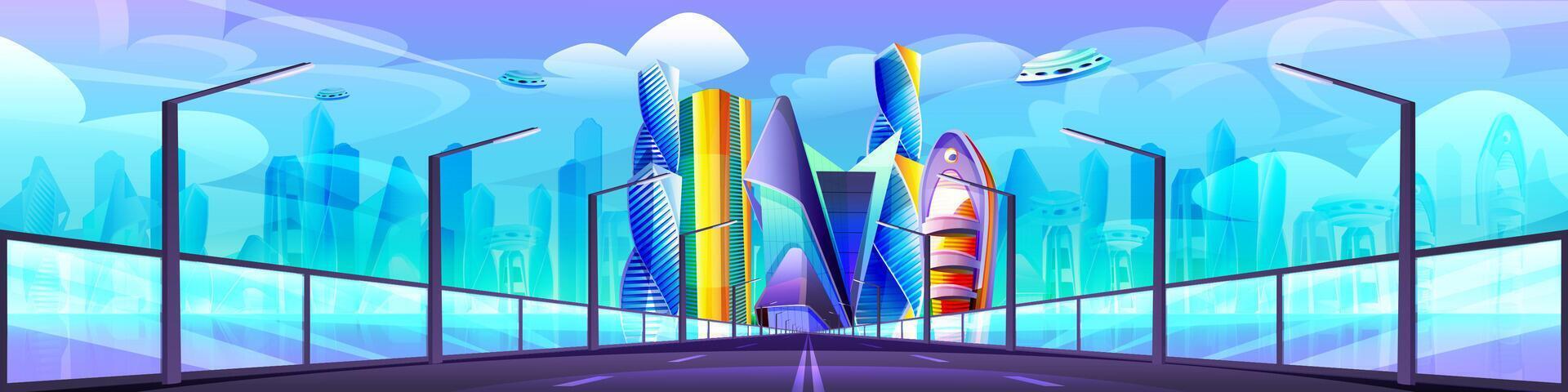 Futuristic cityscape with unusual glass buildings and road. Modern architecture towers and skyscrapers. Future city with highway, flying town parts. Cartoon alien urban landscape design. vector