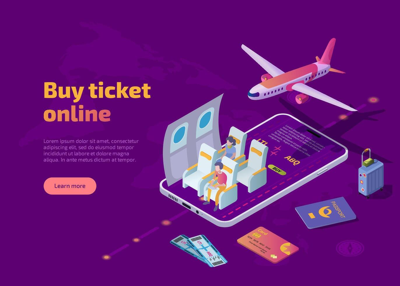 comprar aerolínea boleto en línea isométrica web bandera. viaje por avión con volador avión en aire, pasajeros en aeronave cabina, banco tarjeta, Entradas, equipaje, pasaporte y grande teléfono inteligente ilustración. vector