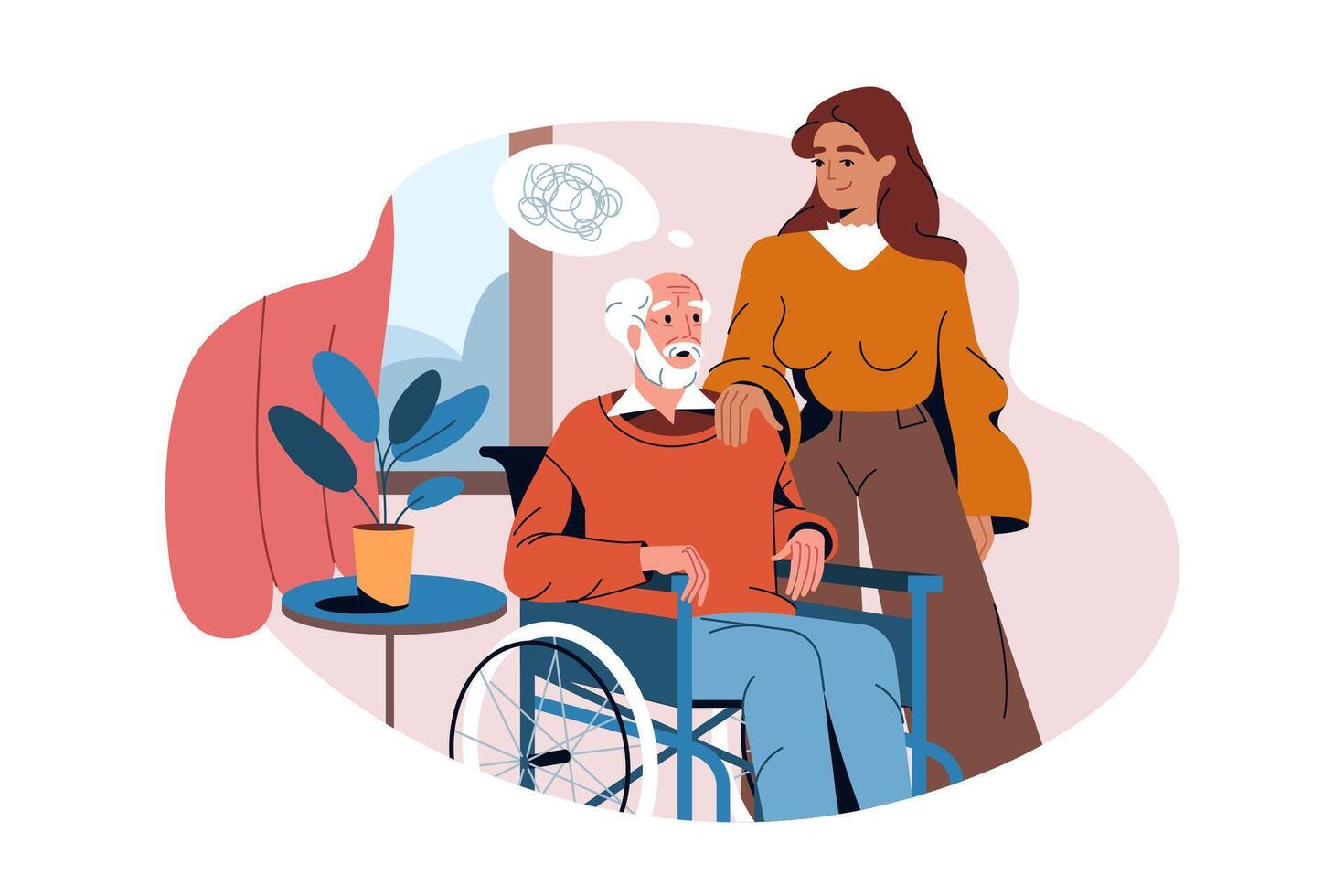 Flat old man suffer from dementia or alzheimers disease. Young woman volunteer or social worker care for an elderly person. Disabled person in wheelchair with brain problems has support from relative. vector