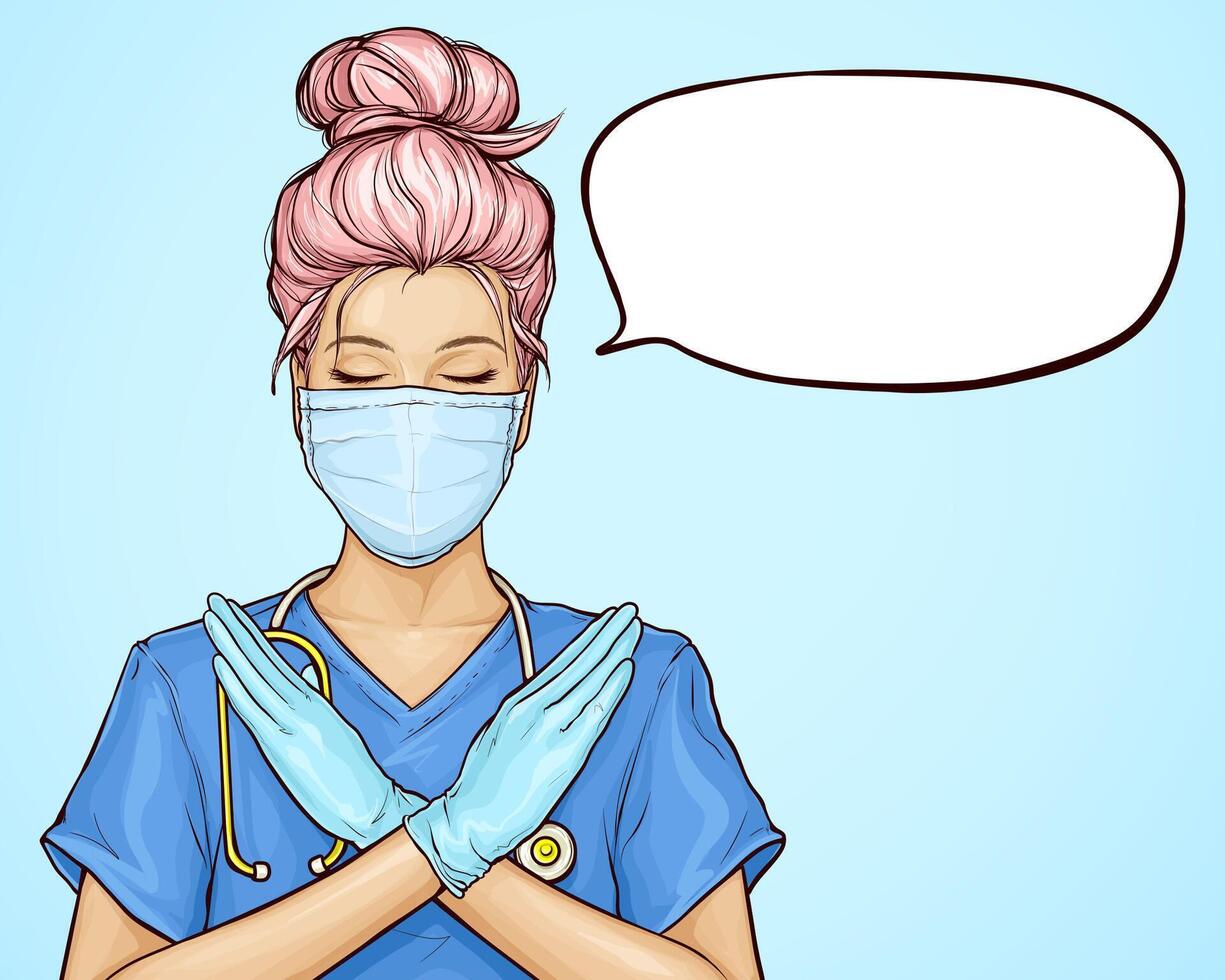 Female nurse in medical gown crossed arms shows stop, no, X sign. Doctor characters with pink hair in protective face mask and gloves. Stop virus epidemic concept. Pop art illustration vector