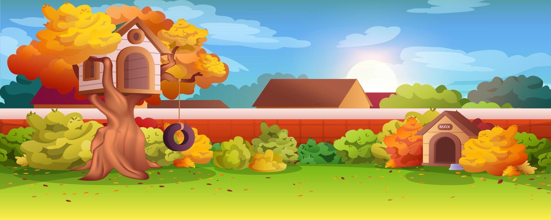 Garden backyard with brick wall, treehouse on tree, bushes and dog kennel. cartoon autumn landscape with house back yard and green lawn. Outdoor area for party or children leisure. vector