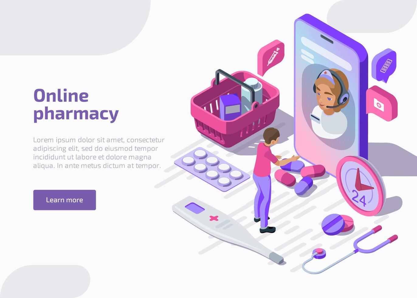 Online pharmacy isometric banner with shopping bag, tablets, apothecary. Pharmacist help patient via smartphone application on mobile device. Telehealth, healthcare or medical support services concept vector