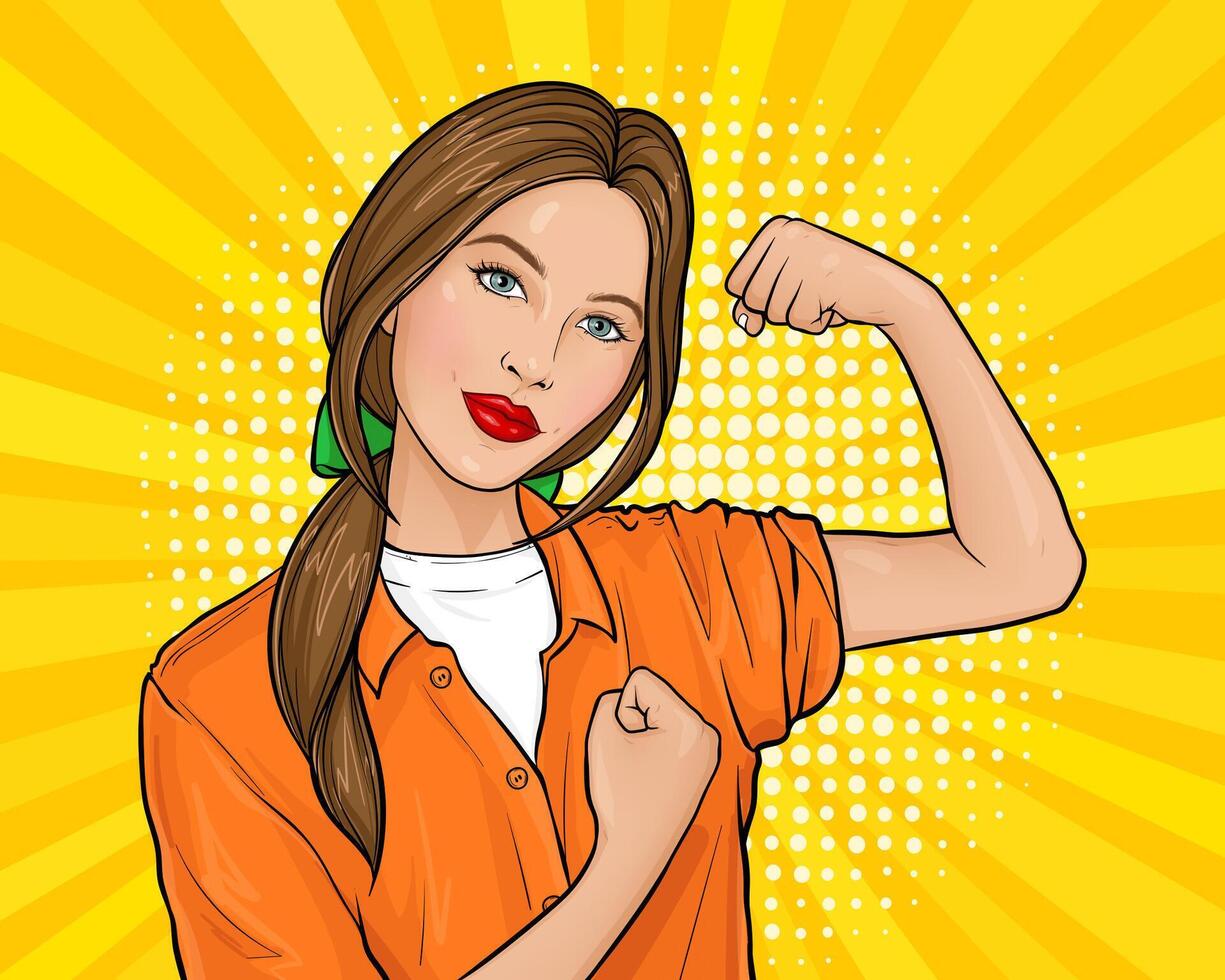 pop art illustration of an confident woman demonstrating her strength by roll up her sleeve. We can do it girl. Poster with a young brown-haired female on yellow background. vector